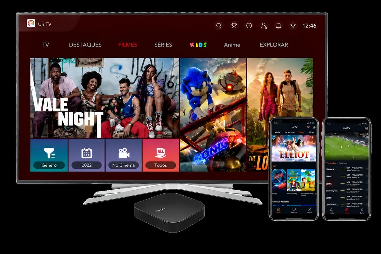 Aplicativo UniTV aberto em Smart TV Android, TV Box e celular Android